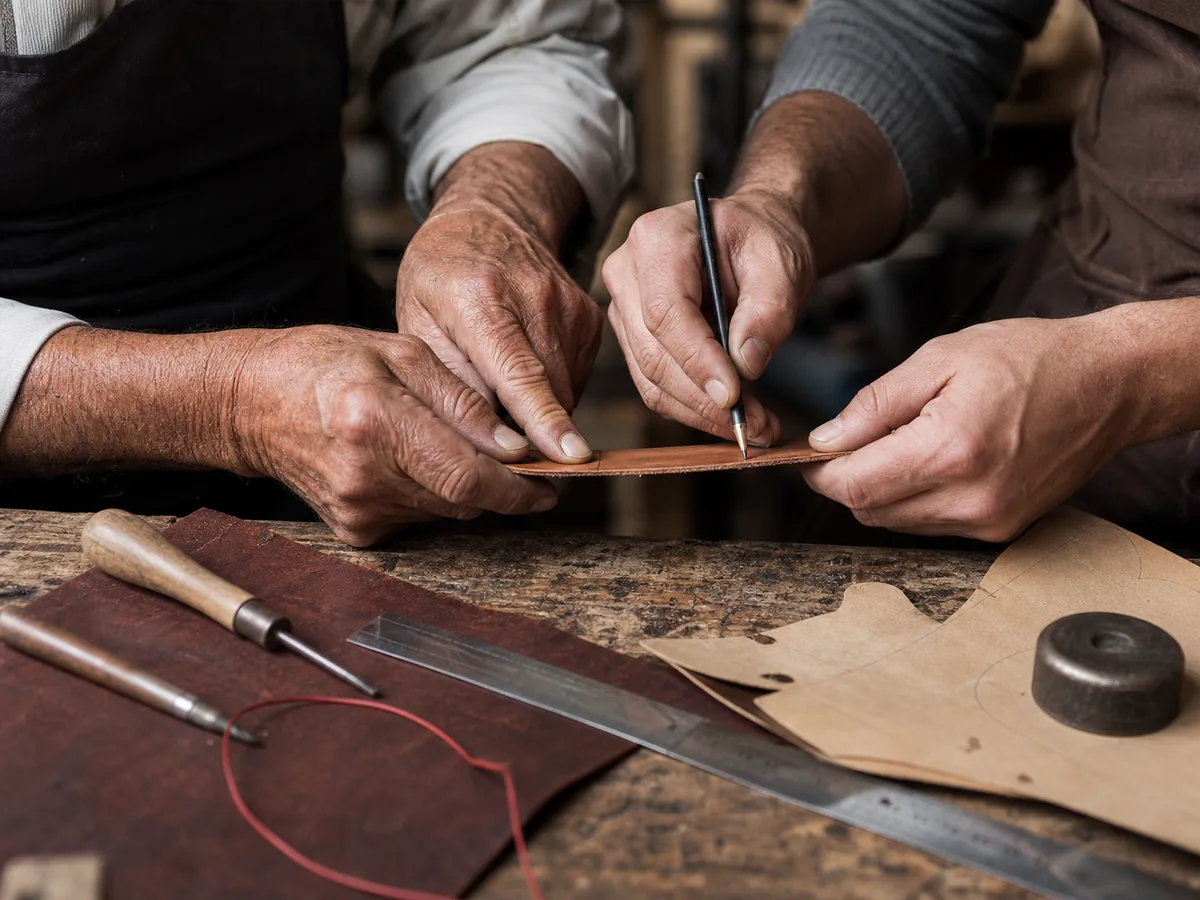 Due paia di mani lavorano insieme allo stesso pezzo su un banco