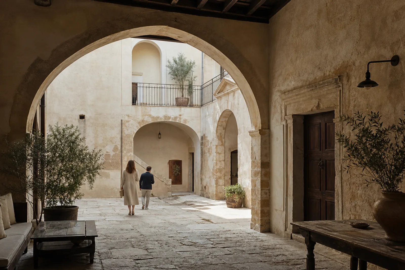 Un cortile silenzioso e luminoso, con pietra chiara e ombre nette