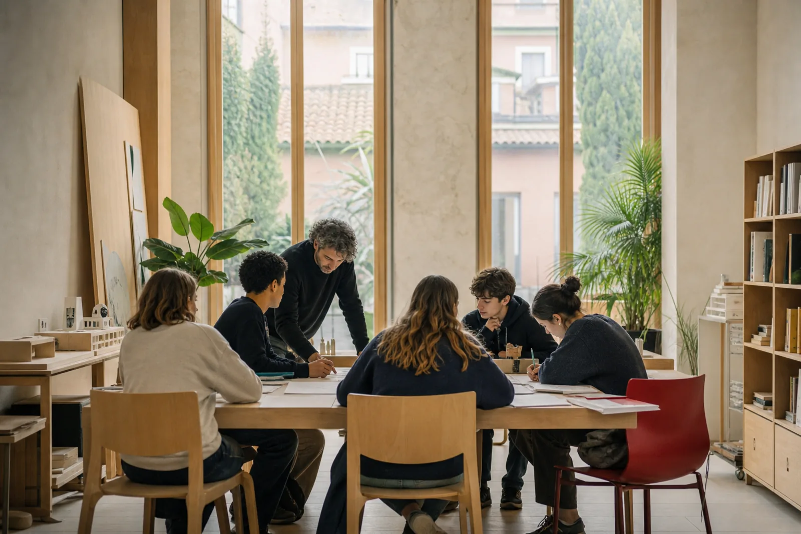Gruppo di studenti ripresi a distanza mentre collabora in uno spazio di apprendimento internazionale