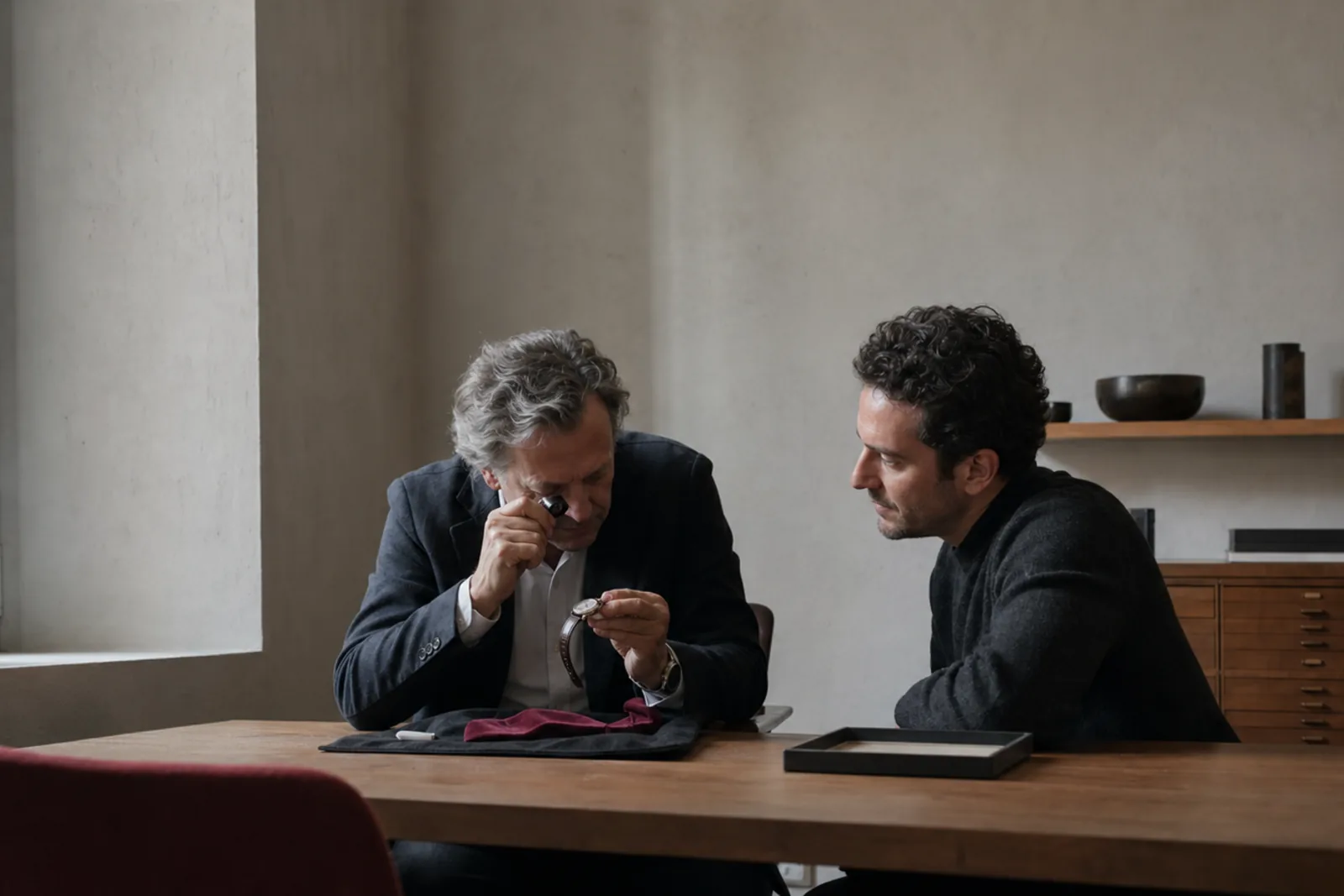 Specialista di orologeria accompagna un cliente nell’osservazione di un segnatempo
