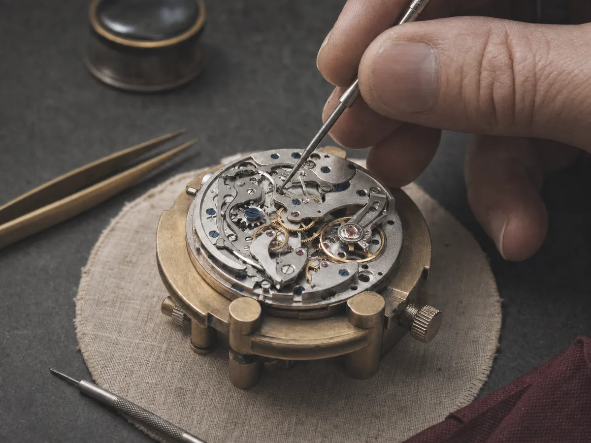 Dettaglio macro di componenti meccanici osservati su un banco da orologiaio