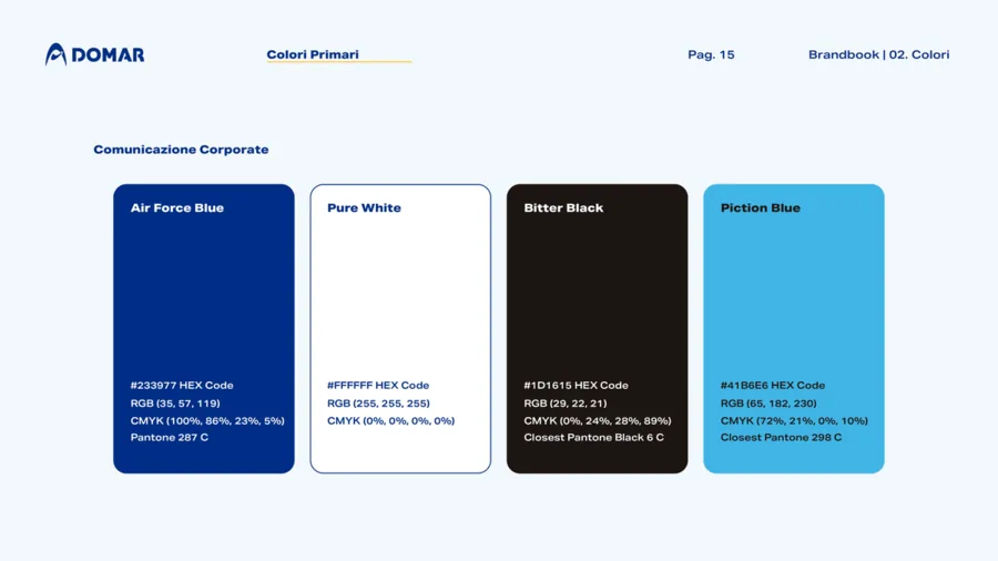 Pagina delle brand guidelines con la palette dei colori primari